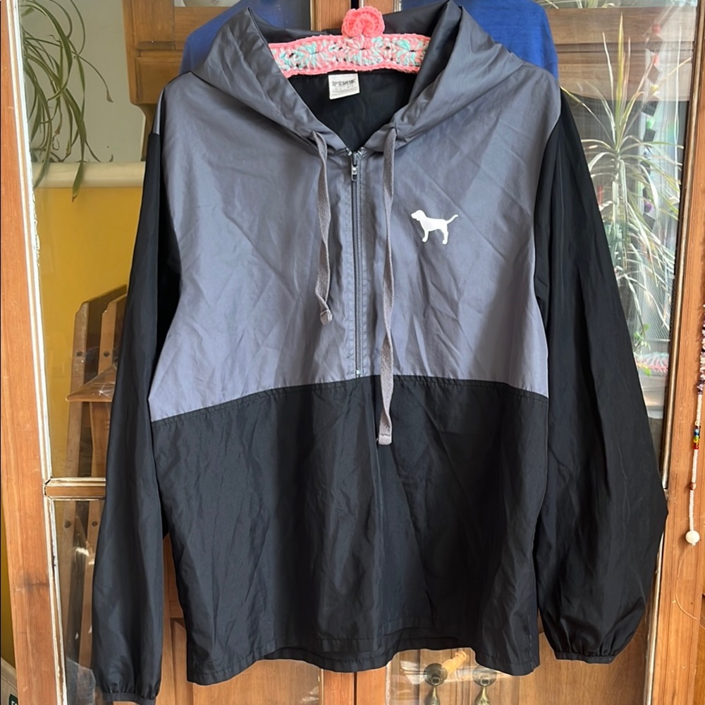 PINK Victoria's Secret Black and Gray Windbreaker with Half-Zip Hood